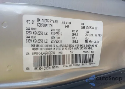 2006 Chrysler Town & Country Touring z USA, uszkodzony, nr VIN 2A4GP54L46R651734